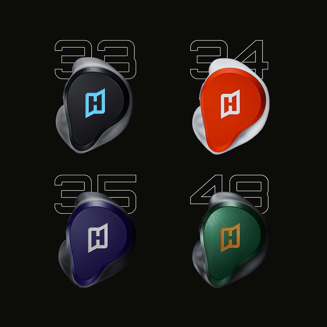 hearos custom in-ear monitors model comparison featuring four premium designs (33, 34, 35, and 48) in black, orange, purple, and green finishes with custom faceplates, professional audio monitoring earbuds for musicians, performers, and audiophiles.