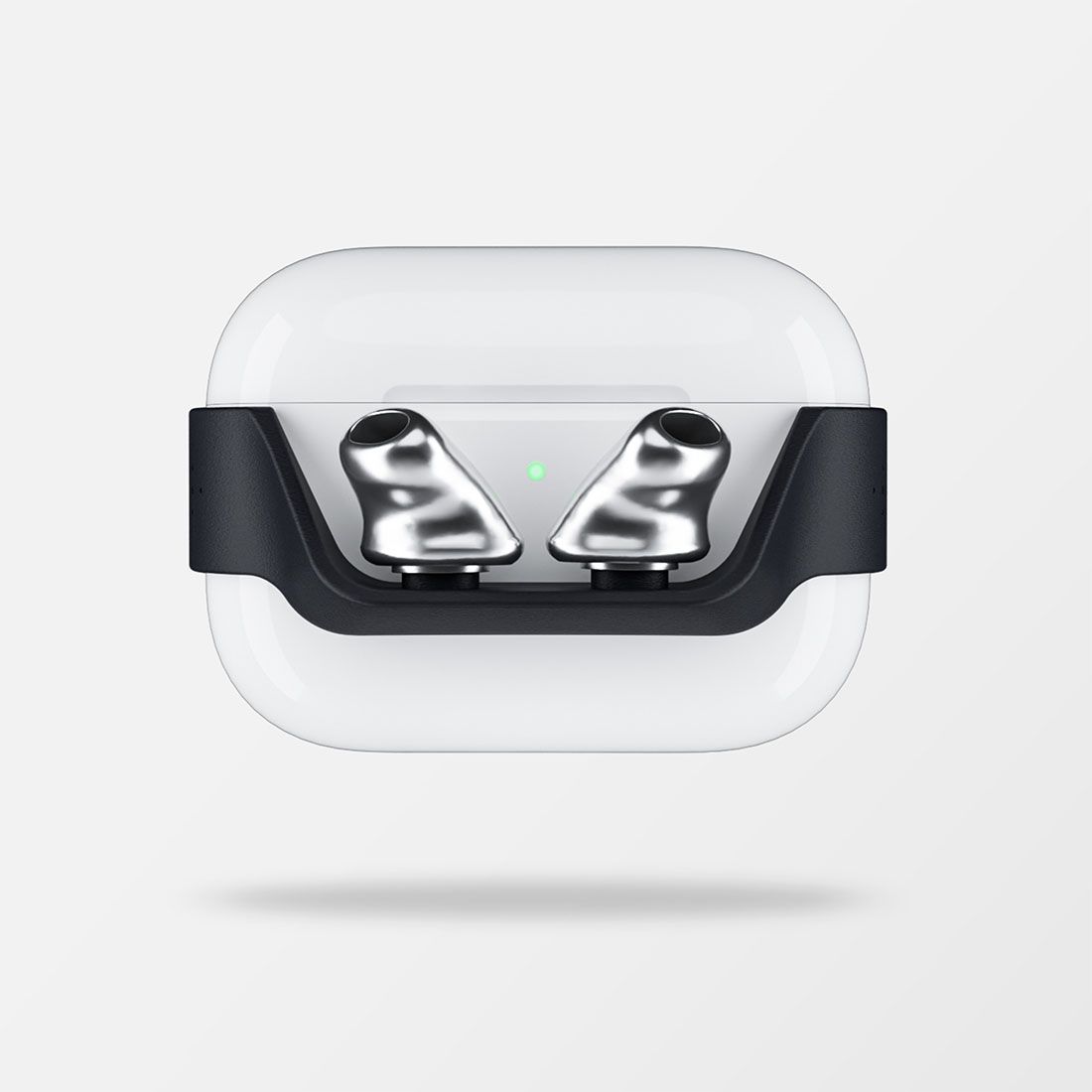 Apple AirPods Pro 3 charging case with a black snug Ring, featuring two titanium snug Earmolds mounted on it.