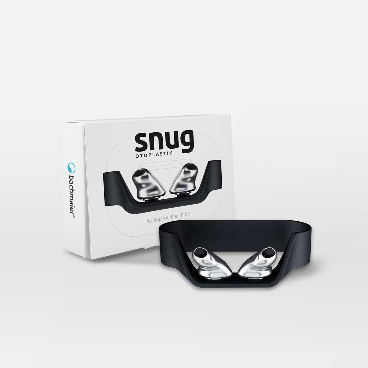 Packaging and product overview of the Snug Otoplastik for AirPods Pro 3, showing the box and the snug Ring with two mounted snug Earmolds.