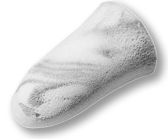 A white foam disposable earplug with a textured surface, designed for one way use and short protection.