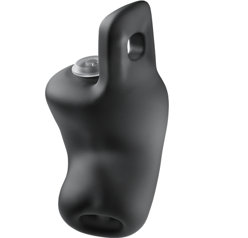 Black, ergonomic handheld device with a button on top and a loop handle, featuring a sleek, modern design.