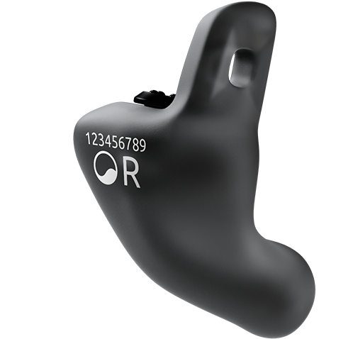 Black custom-molded earplugs with a small loop and white branding, featuring a serial number.