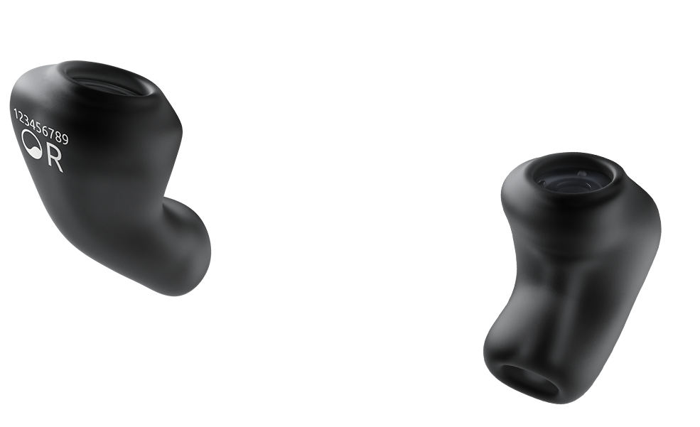 Two grey, customfit earmold devices with small openings and white text, displayed against a white background.